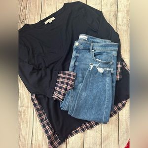 Loft Navy Blouse with Plaid - Size XL